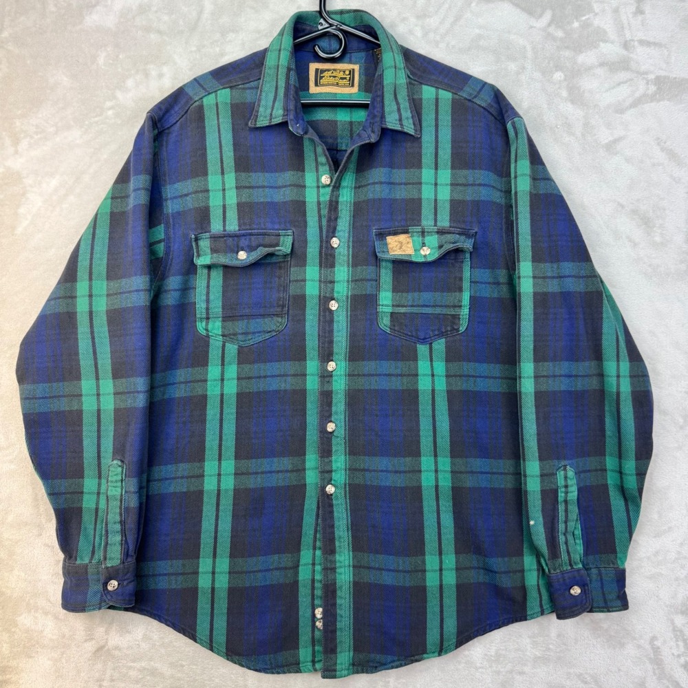 Vintage Eddie Bauer Heavy Flannel Shirt XL Tall USA Made Black Watch Plaid Green